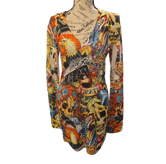 Ed Hardy Dresses & Skirts - Vintage Ed Hardy Long Sleeve Bodycon Tattoo Dress Sz M